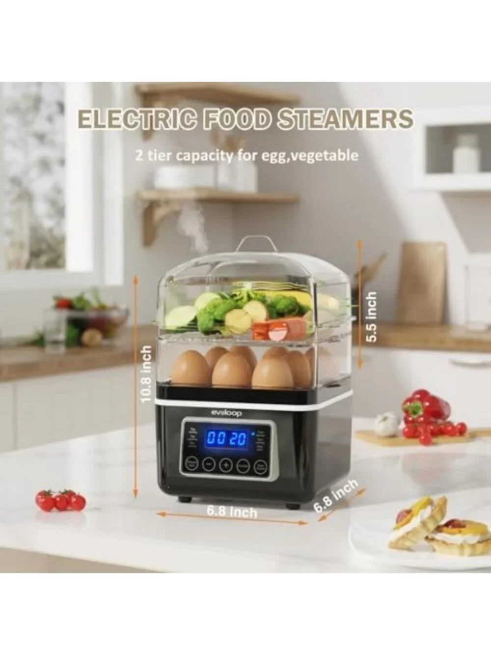 2-Tier Electric Food Steamer - 4 QT Digital Vegetable & Egg Cooker, BPA-Free